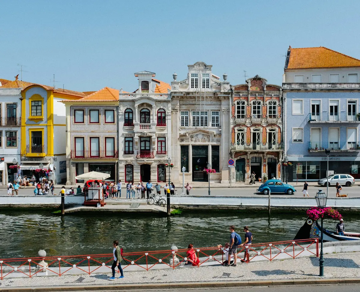 Colorful canal-side buildings in Portugal